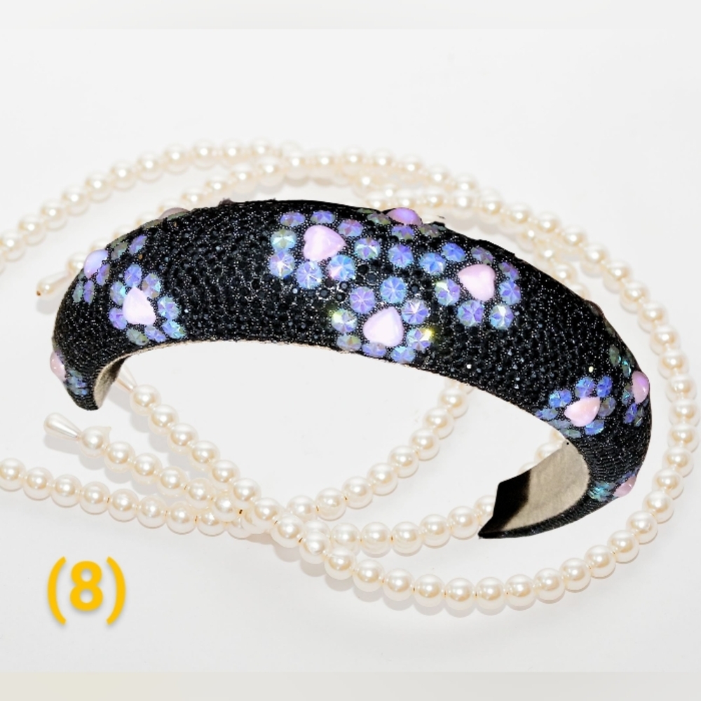 Purple Pink Rhinestone Dazzling Heart Headband On Black Satin